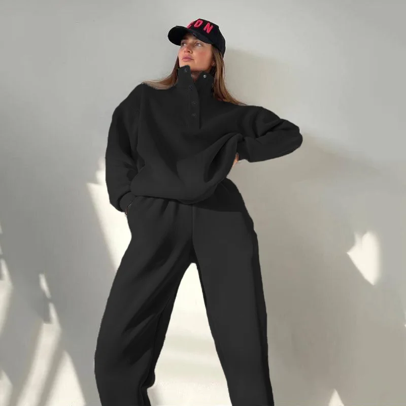 Autumn Winter Thick Women Hoodie Suits 2 Pieces Sets Female Stand Collar Pullover Top & Long Pants Set Fashion Casual Outfit