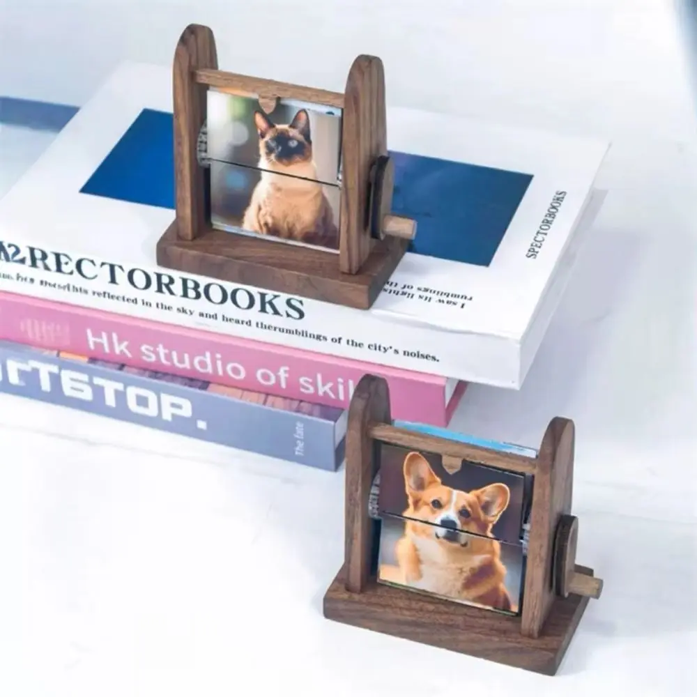 

Hand Crank Rotation Photo Frame Wood Material Creative Design Desk Photo Book Rotation Frame Photo Flipbook Frame Special Events