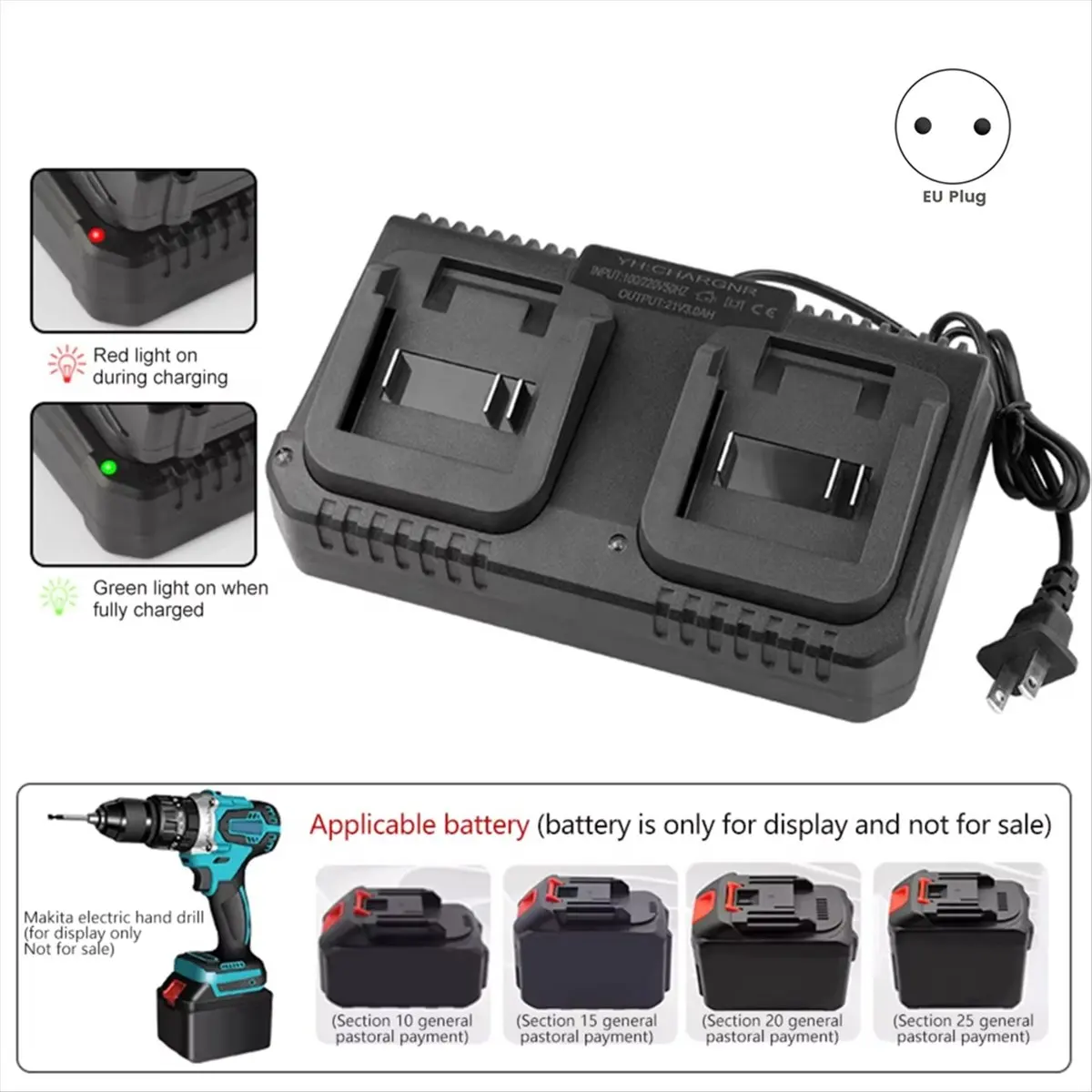 ~PERFECT}Dual-Ports Li-Ion Battery Charger for 18V Lithium Battery BL1830 for Song ZhiPu JiangMi EU