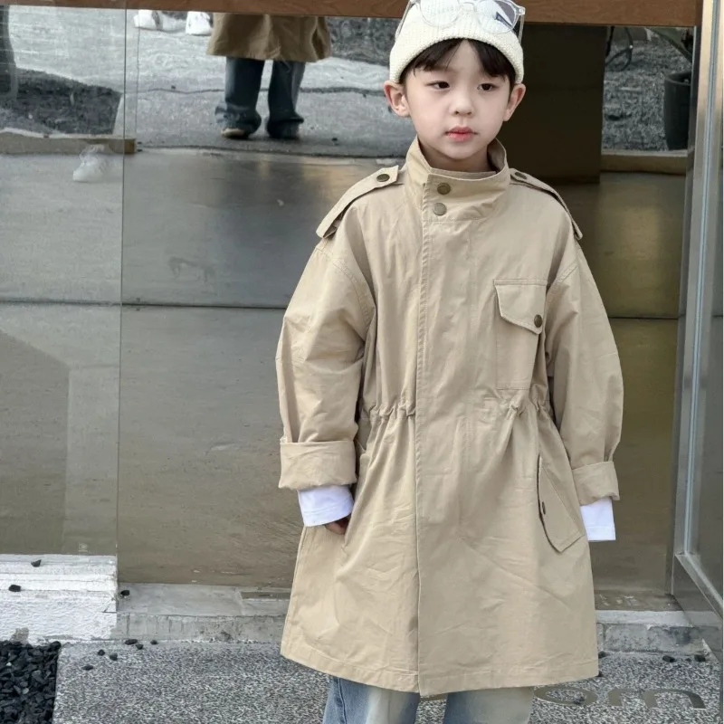 2024 Spring boys solid color Workwear style long style trench jackets children casual loose wind coats