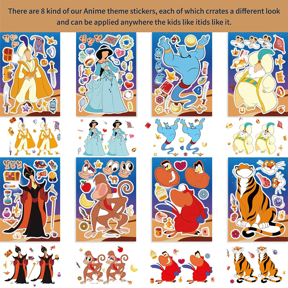 8/16Sheets Disney Princess Jasmine Children Make a Face Puzzle Stickers DIY Game Cartoon Aladdin Jigsaw Kid Educational Toy Gift