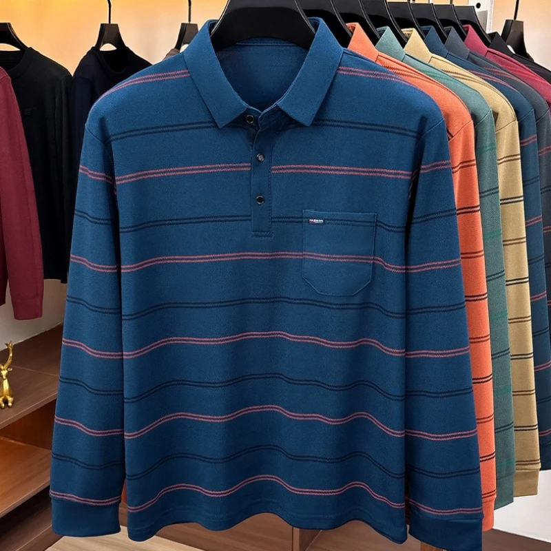 Camisa Polo a Rayas de Manga Larga para Hombre, Camisa de Negocios con Cuello Solapa, Informal, para Oficina, Uso Diario, con Botones, para Primavera y Otoño