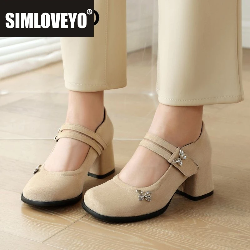 

SIMLOVEYO Office Ladies Pumps Square Toe Chunky Heels 6cm Flock Hook&Loop Bowknot Plus Size 41 42 43 Sweet Girls Daily Shoes