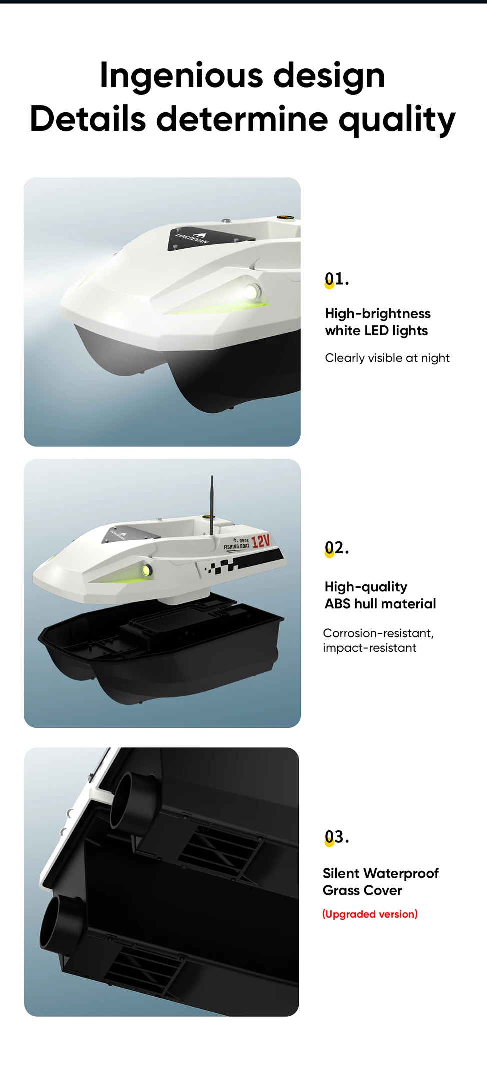 Bild 9: 12V Hochgeschwindigkeits-GPS-Köderboot, LOKEEVAN D50B GPS- und Beidou-Positionierungs-Fischerboot, automatische Rückkehr bei niedrigem Akkustand und Signalverlust, 3000G Zugkraft, Doppelrumpf-Futterboot mit 1,5 m Schleppnetz