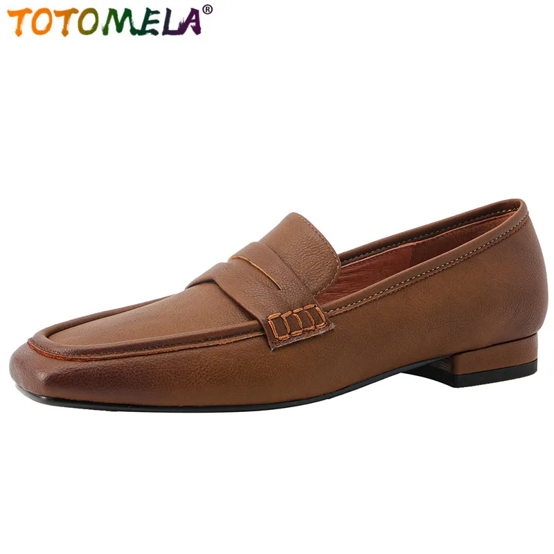 

TOTOMELA 2024 New Retro Genuine Leather Shoes Woman Loafers Flats Shoes Square Toe Office Ladies Slip On Spring Flats