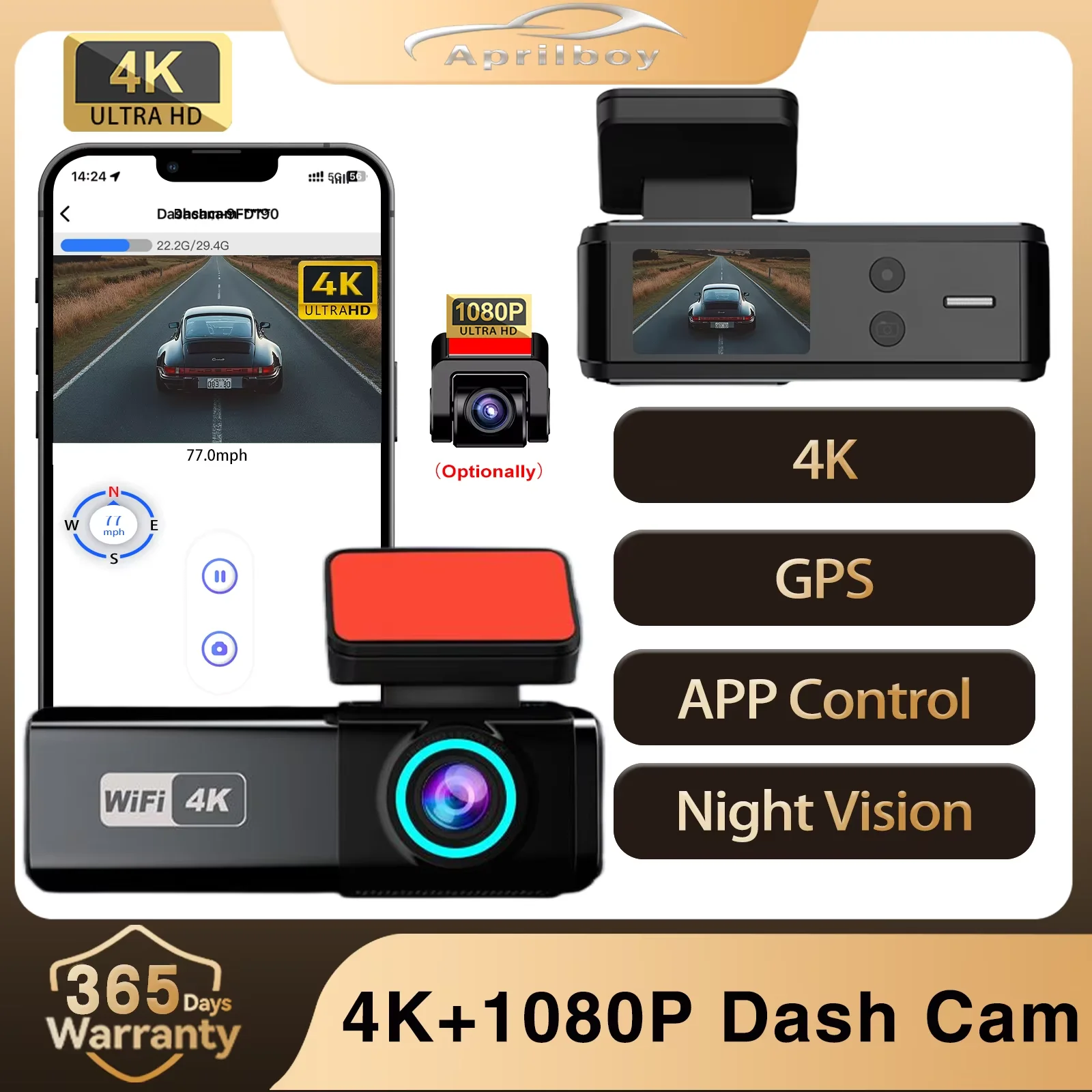 

Aprilboy WIFI GPS Dash Cam 4K Car DVR Front And1080P Rear Dual Lens Auto Car Camera APP Control Night Vision 24H Parking Monitor