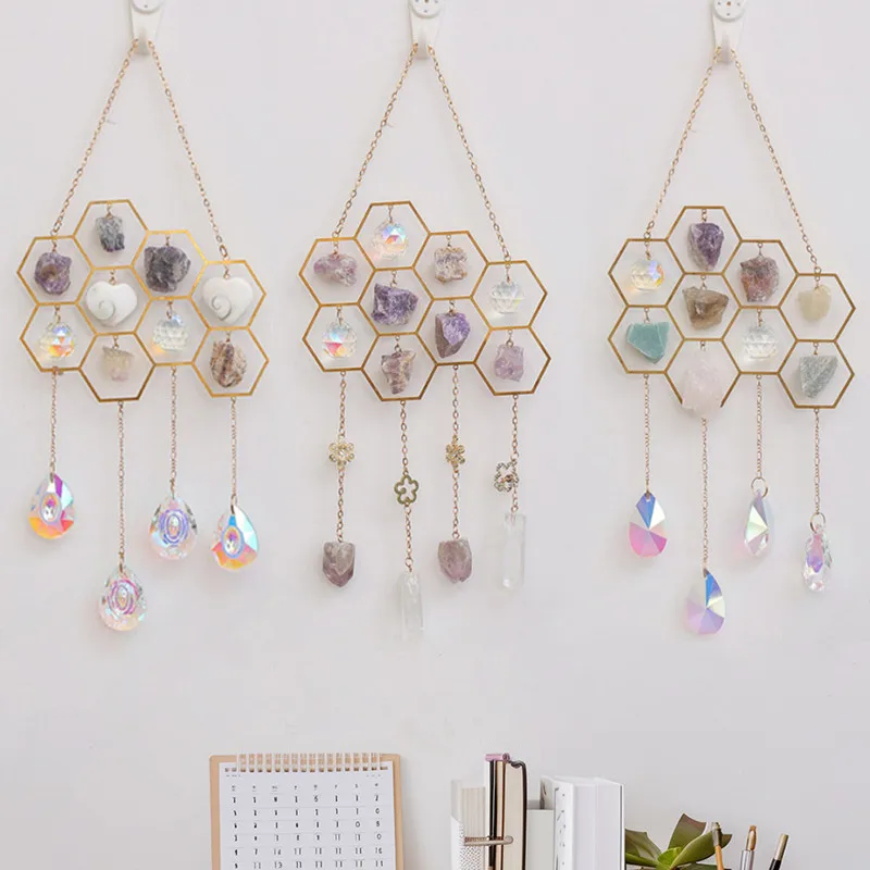 

Crystals Honeycomb Suncatcher Window Hanging Decor Raw Mineral Amethyst Fluorite Gems Natural Stones Home Indoor Ornament Gifts