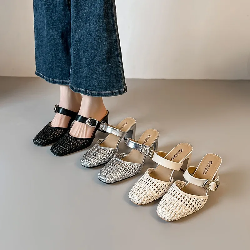 

Women's Slippers 2026 Summer New Fashion Slippers Designer Shoes for Women French Square Head High Heels Woven Sandals Zapatos