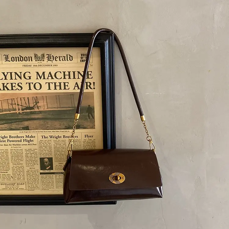 

Retro Briti Sle Deep Brown Lo Bule Handbag Cow Leather Texture Single oulder Bag High-End Feel New Model Women's Bag