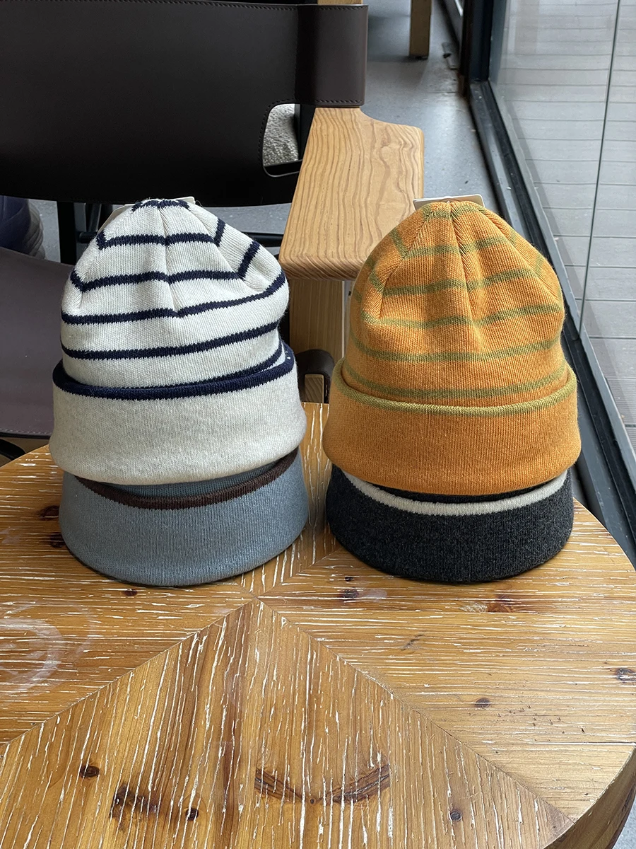 Color-Block Knitted Slouchy Hat Autumn Winter Warm Horizontal Stripe Pullover Beanie for Men