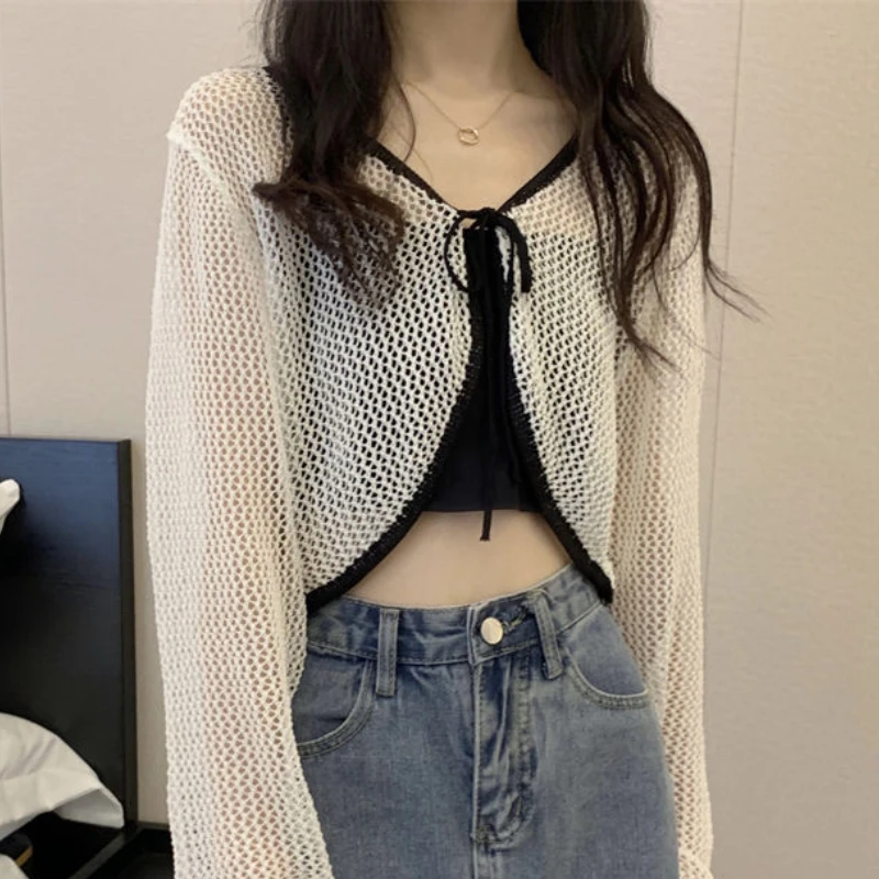 Hollow Out Paneledแจ็คเก็ตผู้หญิงครีมกันแดดTemper Cropped Vintage Aesthetic Baggy Lady Breathableบางเปิด-Stitchฤดูร้อน 2023