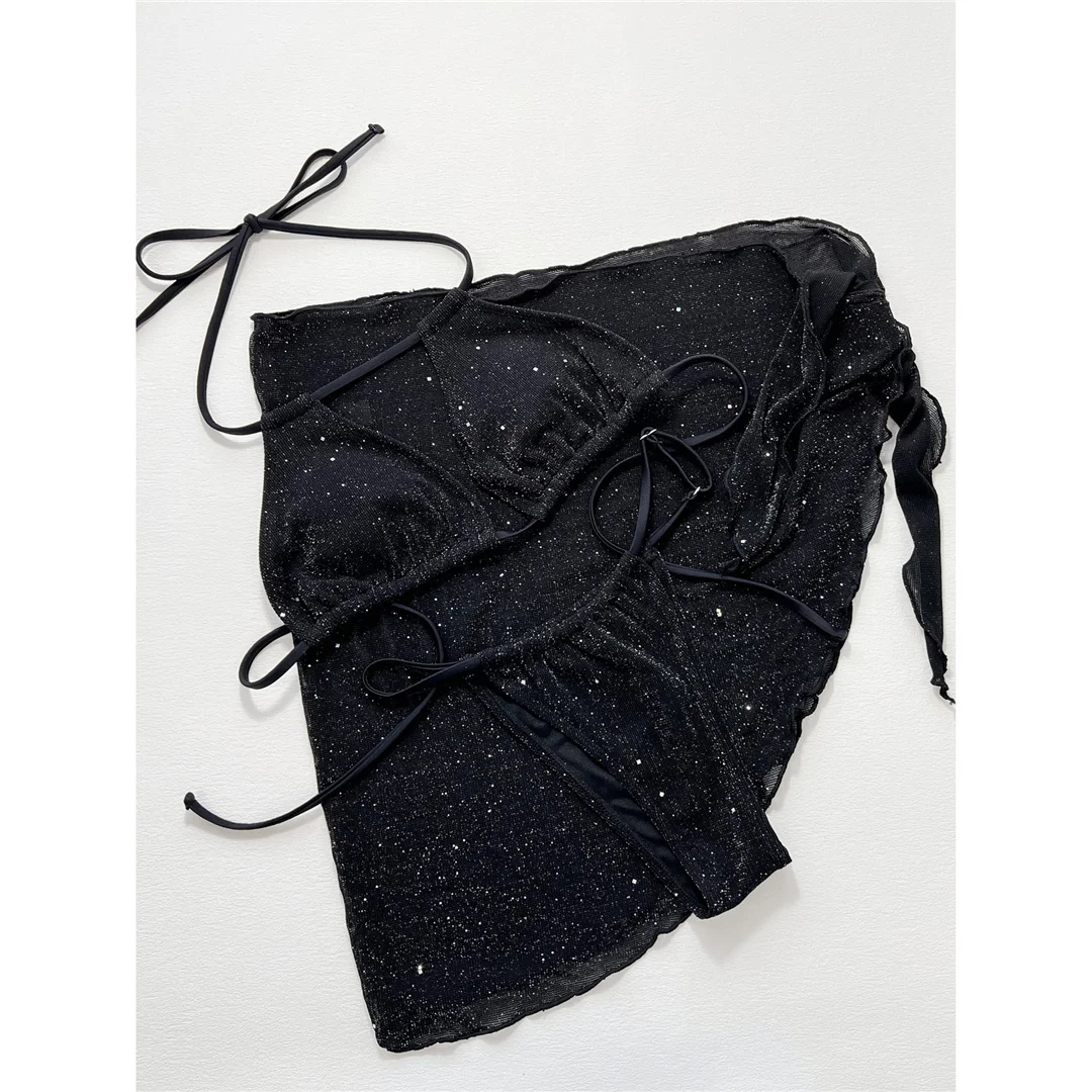 Glitzernder, schillernder Bikini mit Sarong-Oberteil, Damen-Badeanzug, dreiteiliges Bikini-Set, Badebekleidung, Badeanzug, Modell V4669. – Detail 24