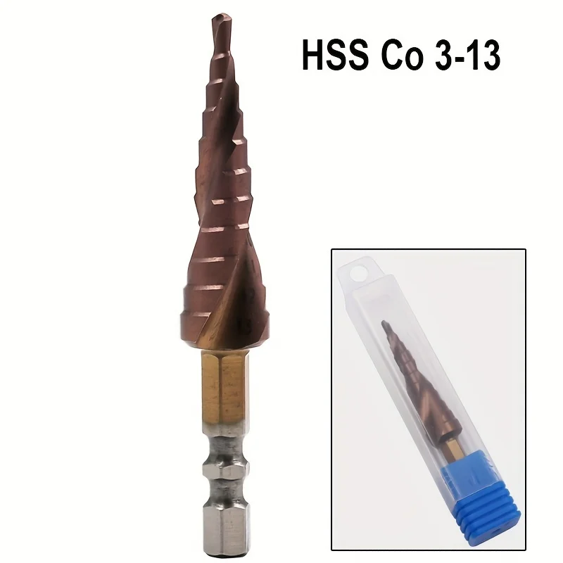 1pc M35 Cobalt Step Drill Bit Inch Hex Shank Double-edged Spiral Groove Hole Saw For Metal 3-13mm，New design, great chip removal