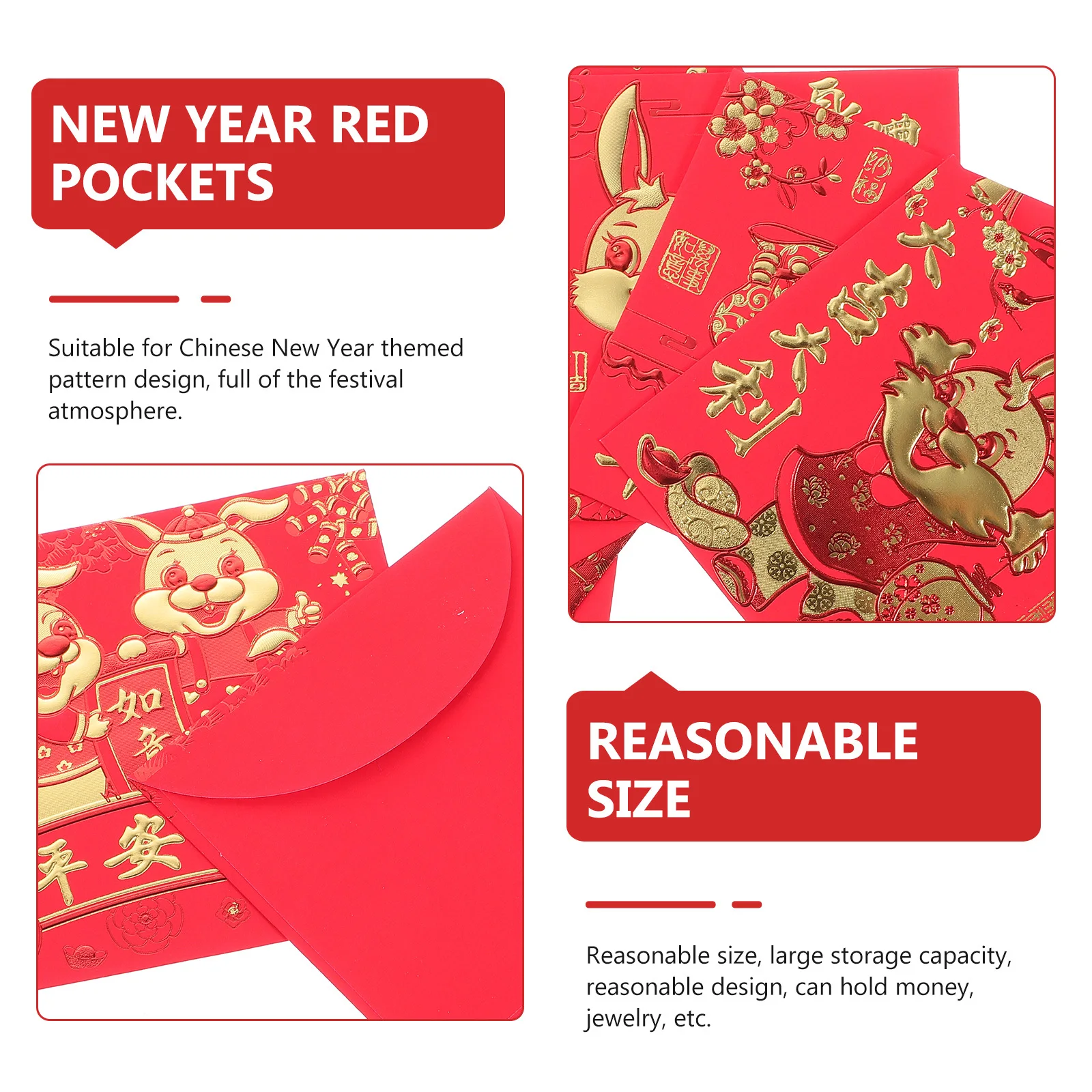 

66 шт. красные конверты с изображением года кролика, яркие мультяшные узоры, новогодние денежные пакеты, весенний фестиваль, красные пакеты счастливого зодиака