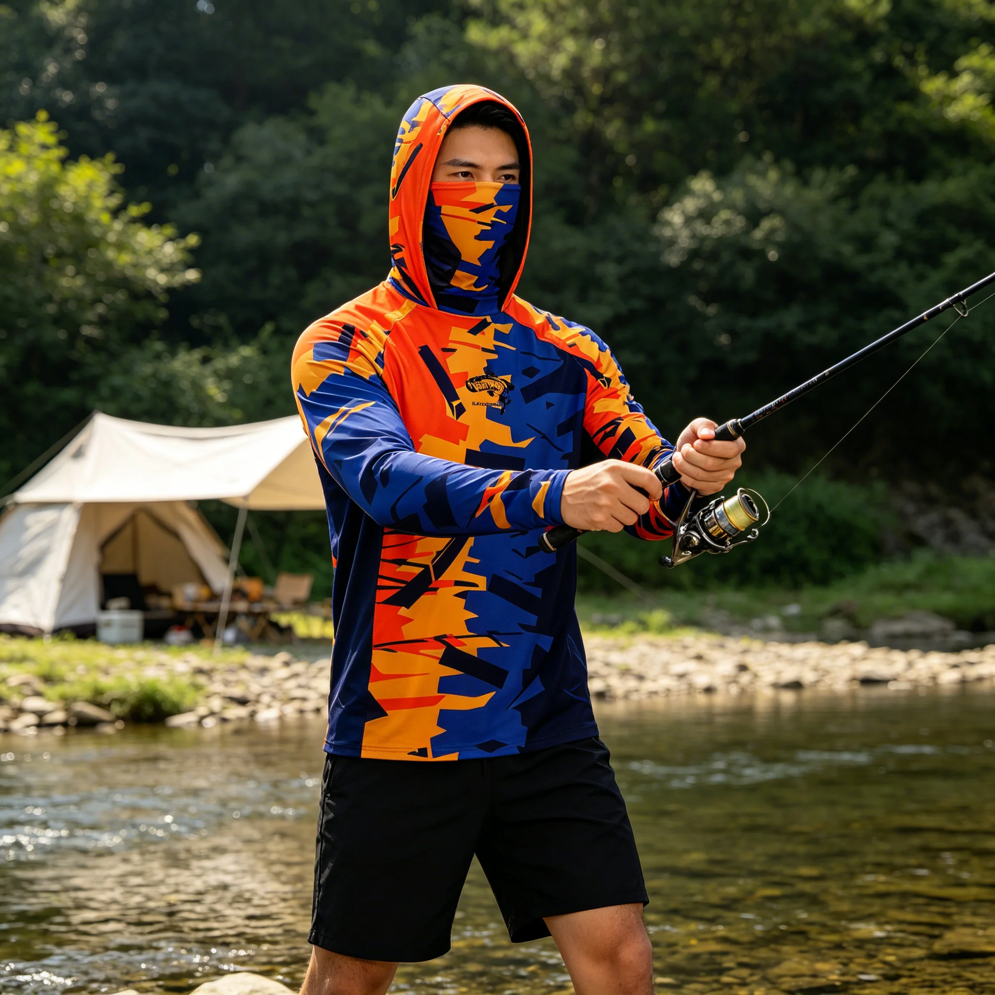 Mens UPF50+ Fishing Hoodies Built-in Face Mask Long Sleeve Camo Sun Protection Quick Dry Fishing Shirts Outdoor Fishing Orange