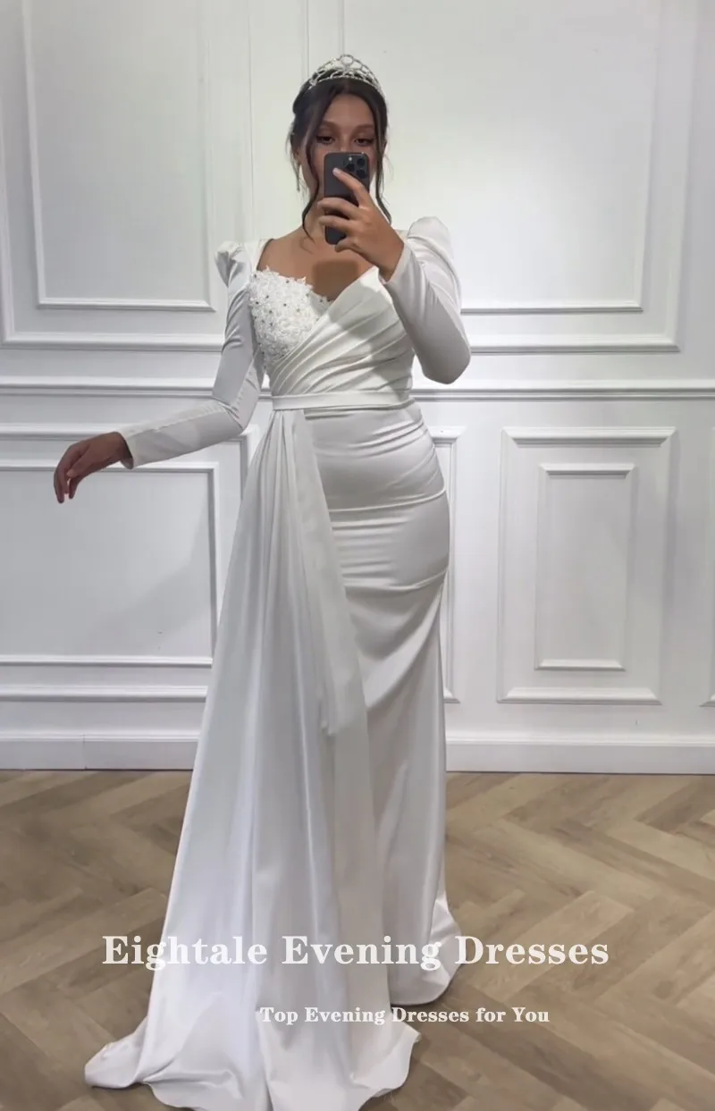 Eightale Elegant Evening Dress for Wedding Party V-Neck Beaded Long Sleeve Formal Occasions Satin Prom Gowns abendkleid damen