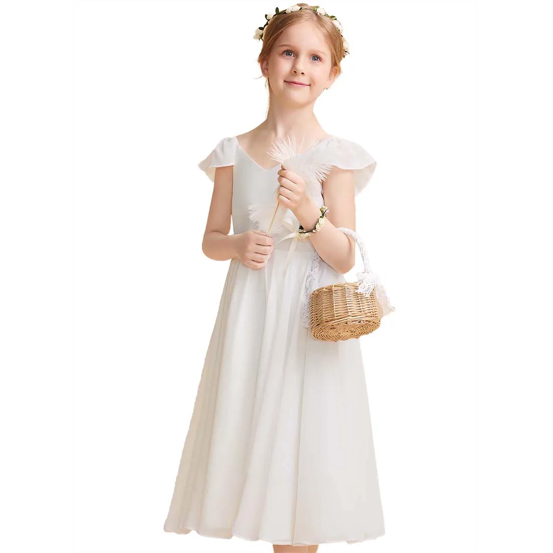 

YZYmanualroom 2023 Flower Girl Dress A-line V-Neck Tea-Length Chiffon/Satin White 4-15T