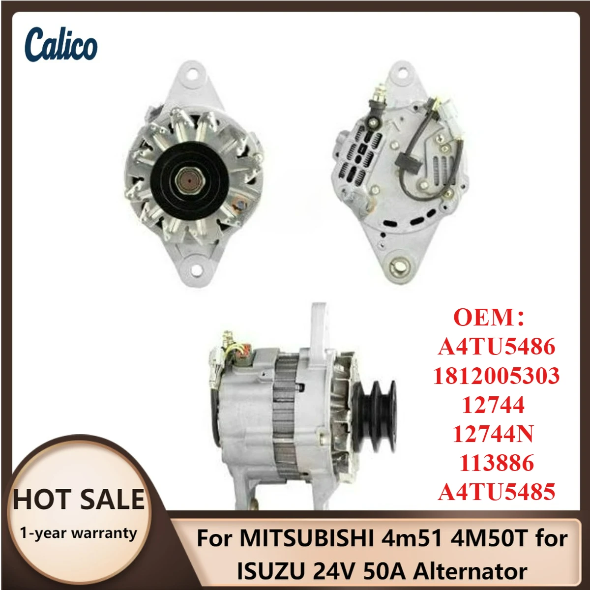

Hot Selling for MITSUBISHI 4m51 4M50T for ISUZU 24V 50A Alternator A4TU5486 1812005303 12744 12744N 113886 A4TU5485