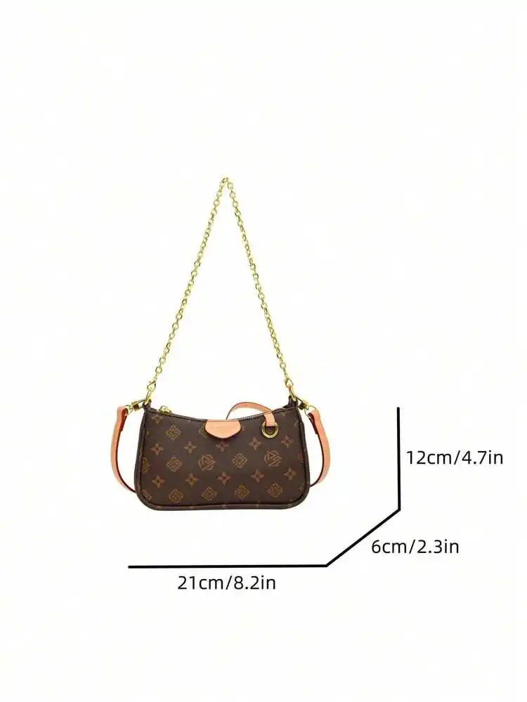 Women s Floral Pattern PU Leather Mahjong Bag Retro Crescent Crossbody Shoulder Bag With Long Chain Strap And Zipper