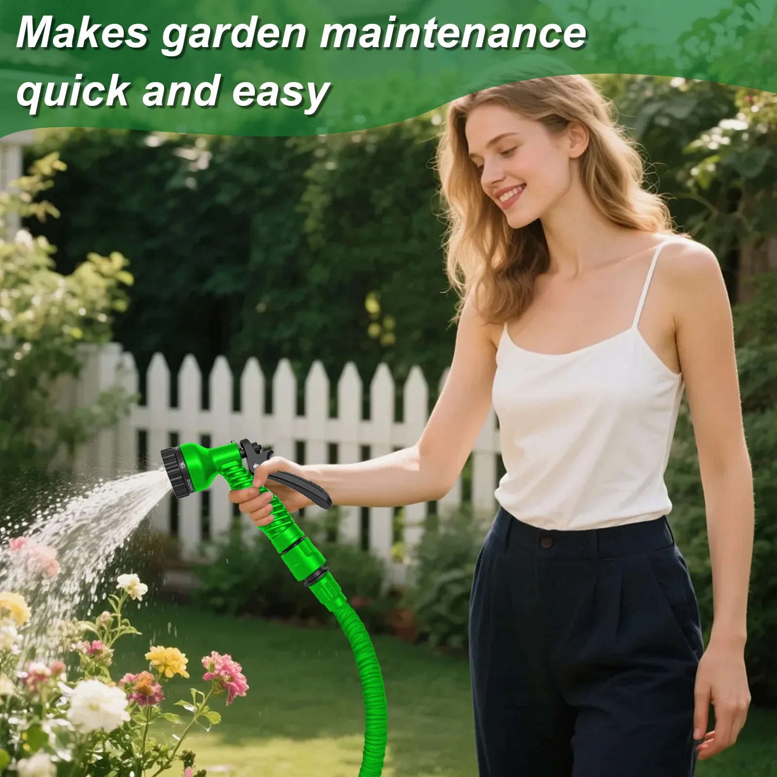 15 m (50 Fuß) ausziehbarer, erweiterbarer Gartenschlauch, Hochdruck-Wasserschlauch mit Multifunktions-Sprühdüse für die Bewässerung im Freien, zum Waschen von Autos und als Haushaltsgerät (Grün/Blau). – Detail 1
