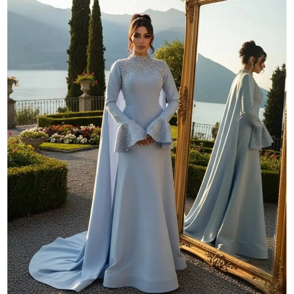 

Изысканное светло-голубое вечернее платье по индивидуальному заказу с длинными рукавами и высоким воротом, вечерние платья, плиссированные бисером, длиной до пола, платье для выпускного вечера 2025