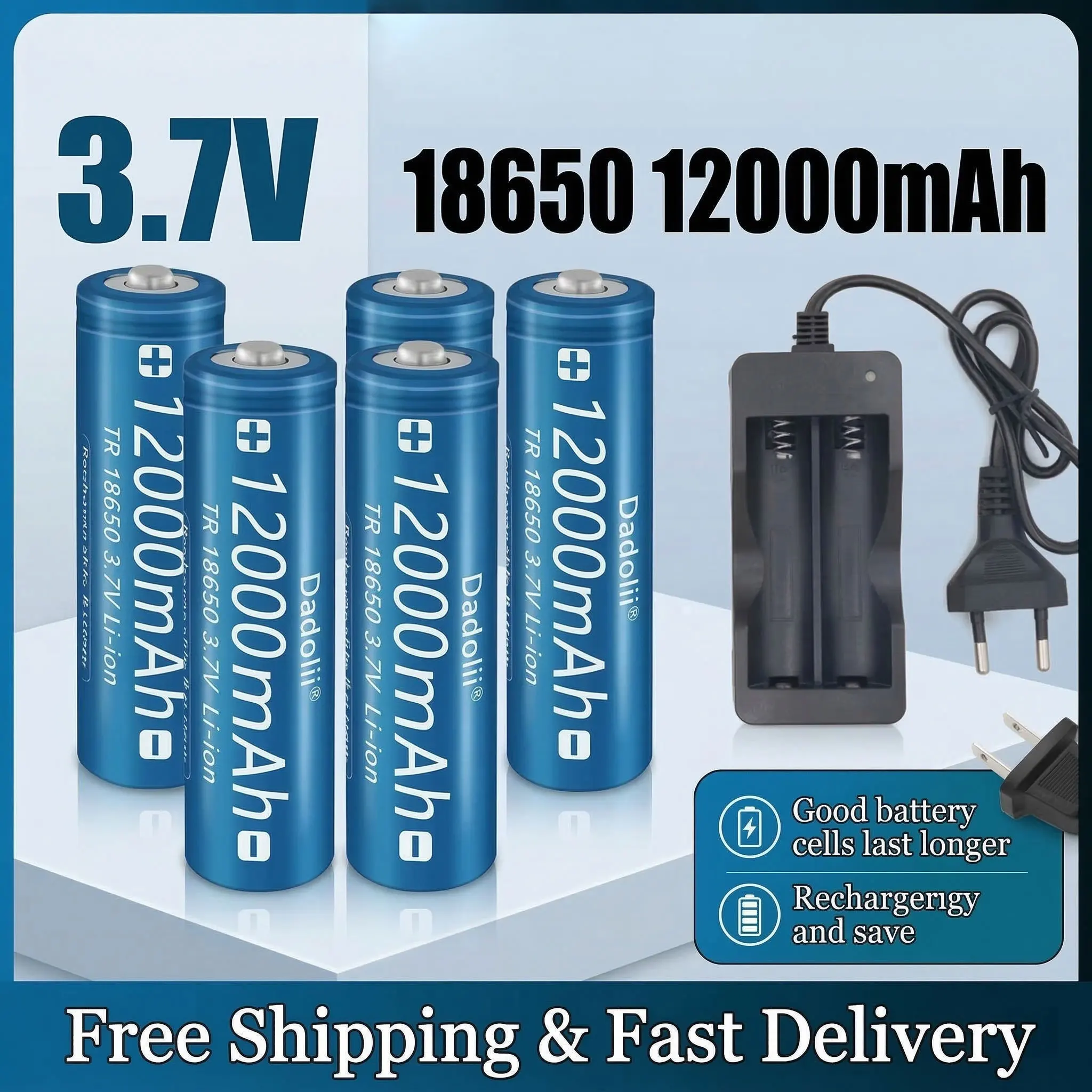 

Rechargeable 18650 Battery 12000mAh 3.7V Lithium Battery With Charger EU US Plug For Flashlight Toy Air Transportation