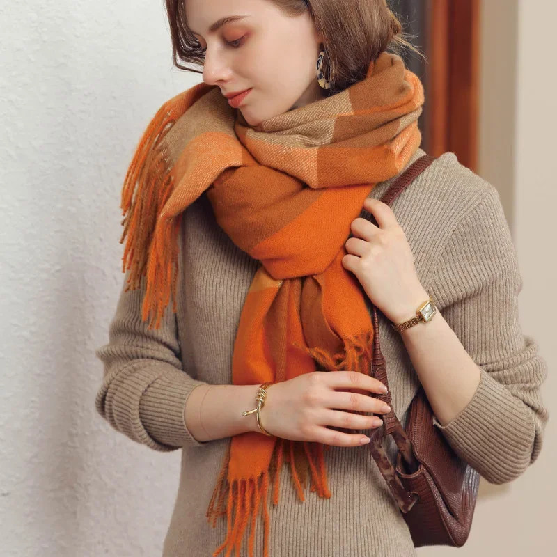 ฤดูหนาวผ้าพันคอลายสก๊อตผู้หญิงนุ่มผ้าคลุมไหล่หนาผ้าพันคอผ้าพันคอผ้าพันคอสุภาพสตรีสายรุ้งพู่ผ้าพันคอ Hairy พิมพ์ผ้าคลุมไหล่