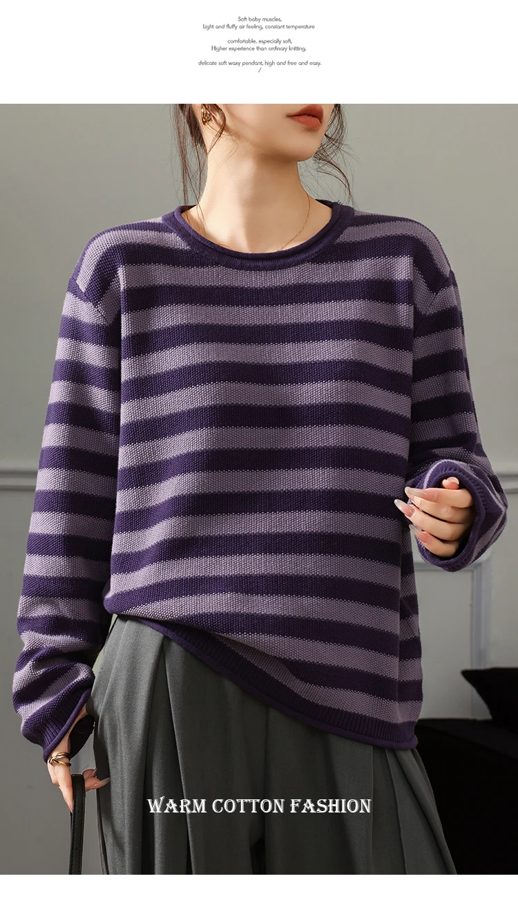 Fashion 100% pure cotton women's sweater autumn and winter casual striped knitted top loose Korean round neck women's pullover