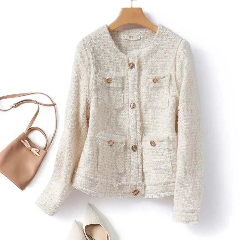 

Women's solid color coarse woolen coat 2025 new spring/autumn small fragrance style top round neck coat