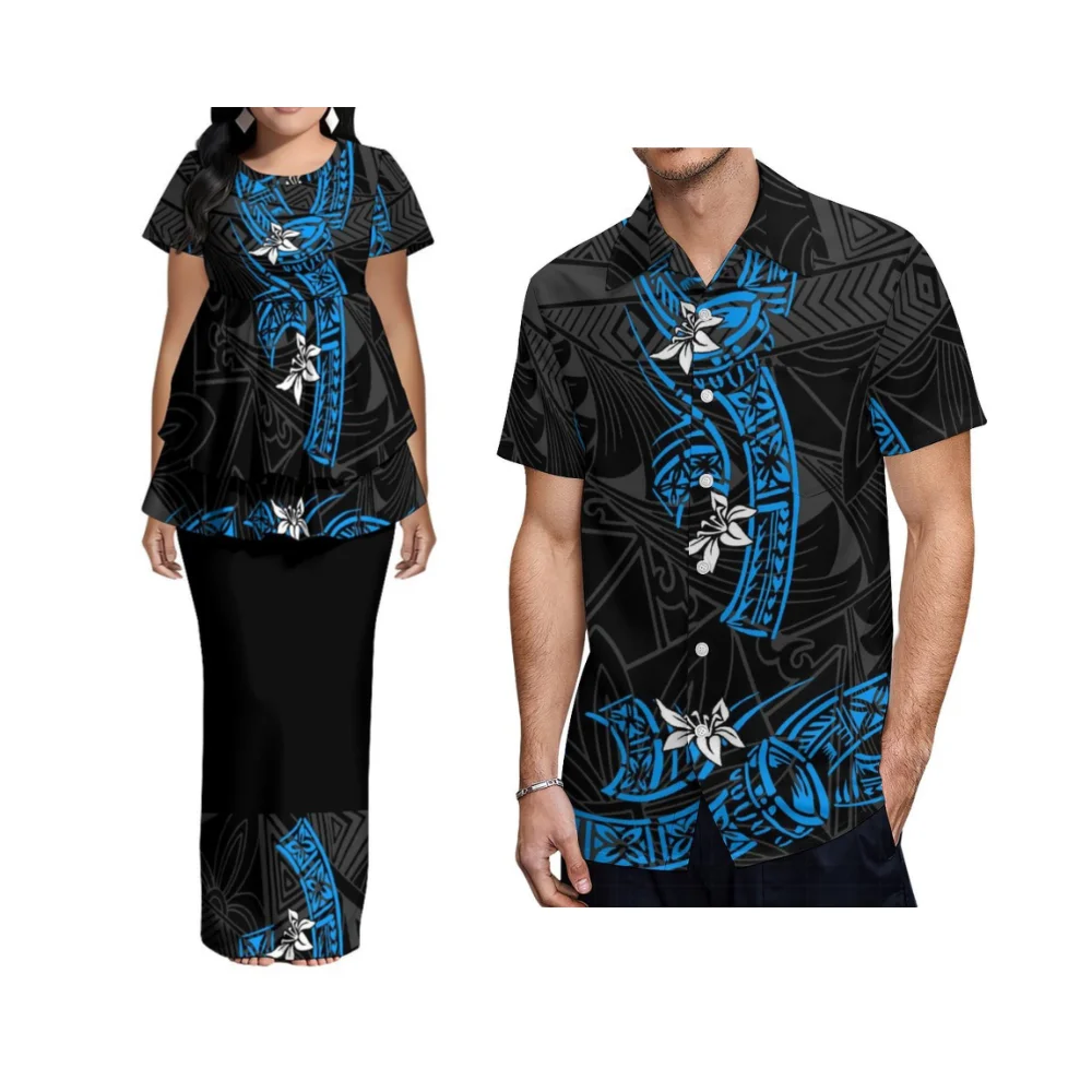 Verão polinésia feminino de manga curta em torno do pescoço cintura cinched bainha dupla camada terno vestido samoan personalizado roupas de casal