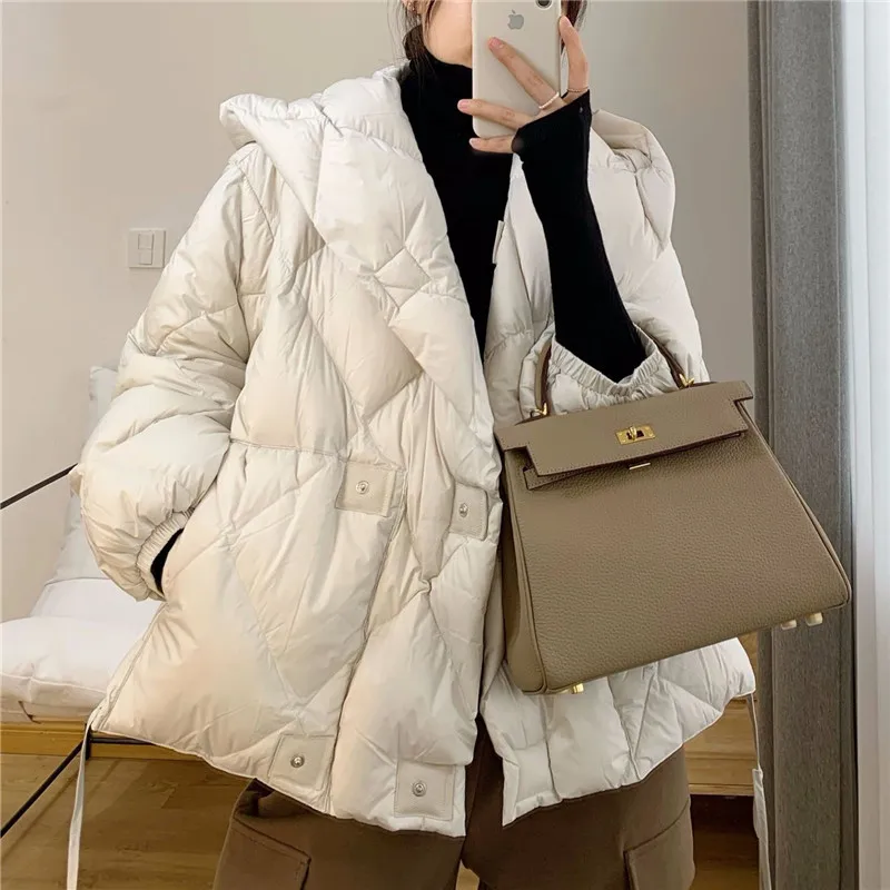 Winter Hooded Diamond Grid Short Down Jacket Women White Duck Down Waterproof Outwears Female Thicken Warm Button Parker Jacket