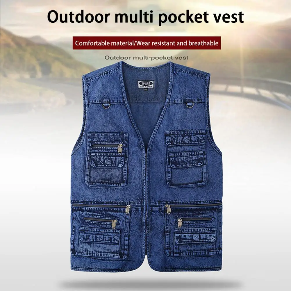 

Popular Zippers V Neck Denim Vest Plus Size Vest Outerwear Loose V Neck Vest Outerwear Sleeveless Coat for Camping