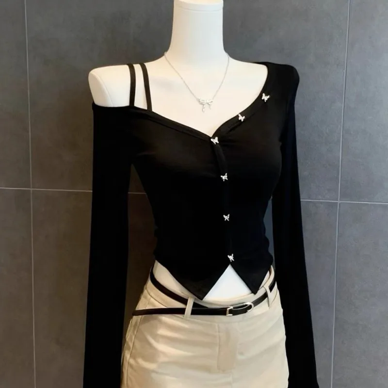 Tops T-shirt Women's Spring/Autumn Black Cropped Long-sleeved Petite Comfortable Minimalist Fashionable Niche Versatile Casual