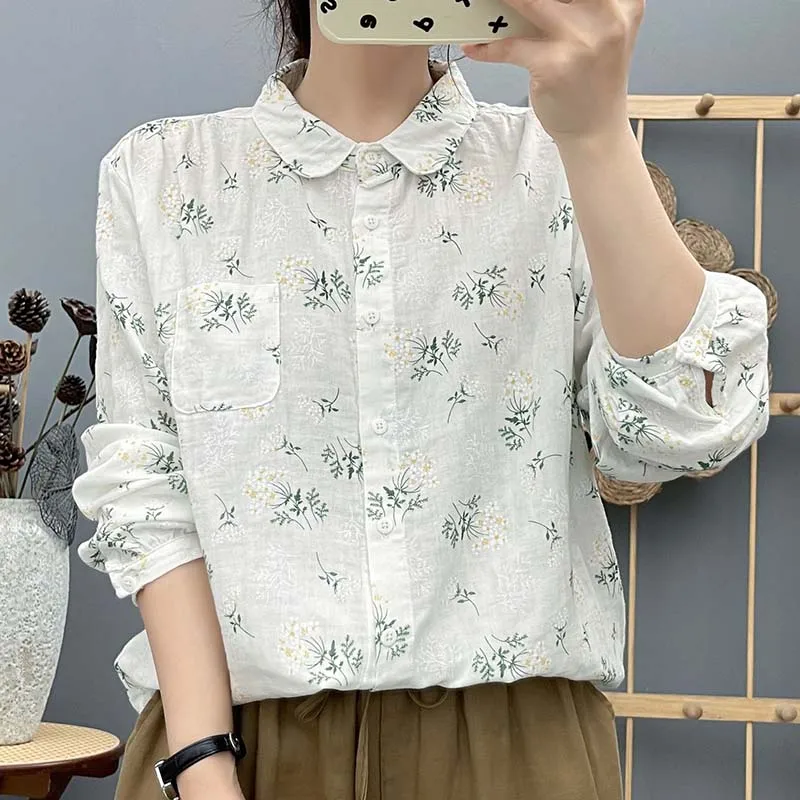 Новая свежая рубашка с цветочным принтом для женщин, осень-весна, универсальная свободная повседневная блузка с длинными рукавами, двухслойные хлопковые топы из пряжи S195