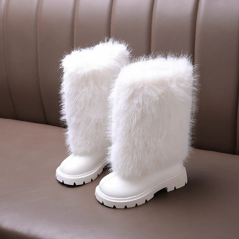 Fluffy White Fur Knight Boots for Kid Girl Autumn Mid-Calf Flat Booties Children Round Toe Square Heel Fashion Leather Botas
