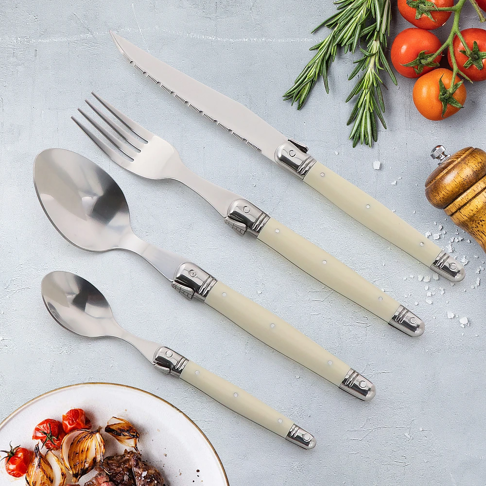 Jaswehome Laguiole Cutlery Set 4piece Steak Knives Forks Soup Spoons Teaspoons Ivory Color Flatware Stainless Steel Tableware