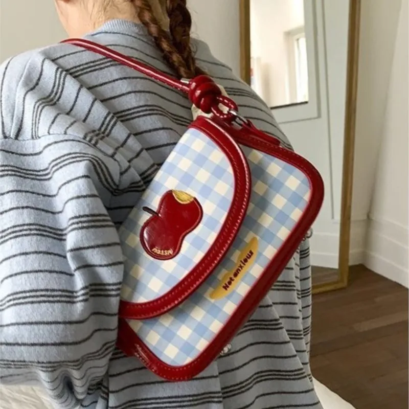 Ins Korean Sweet Cute Red Apple Handbag Women Plaid Letter Print Shoulder Bag Ladies Harajuku Commute Fashion Crossbody Bag Chic