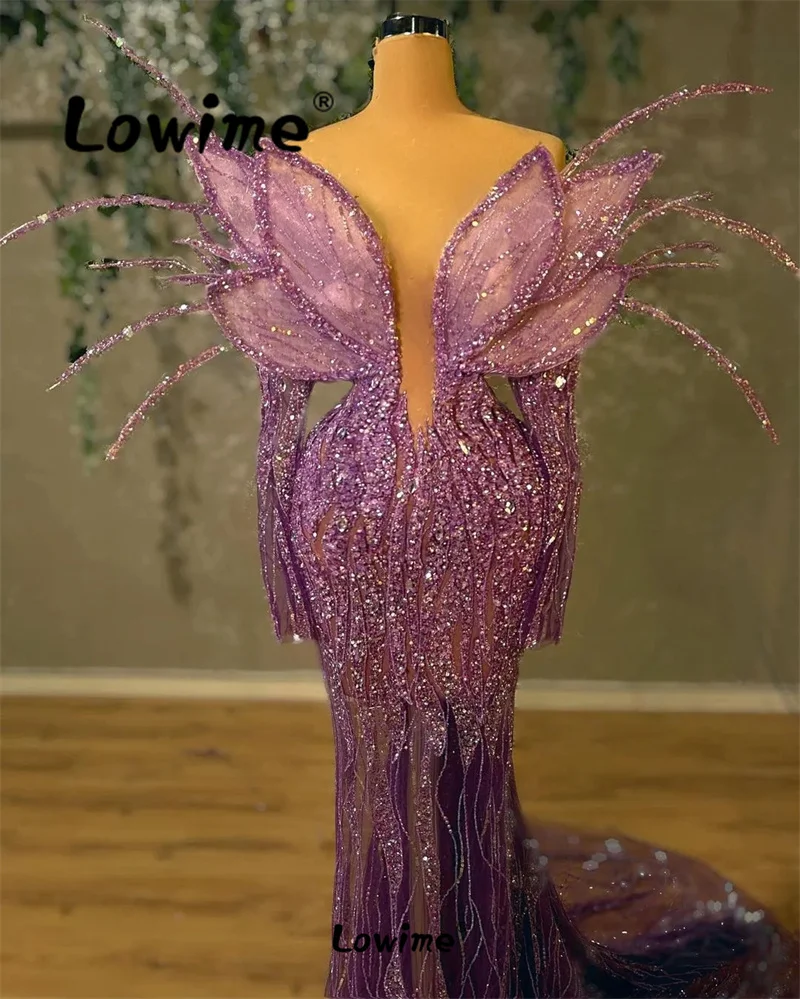 Purple Elegant Long Sleeves Aso Ebi Evening Dresses Long Mermaid Prom Dress Sequined Lace Formal Party Second Reception Dress