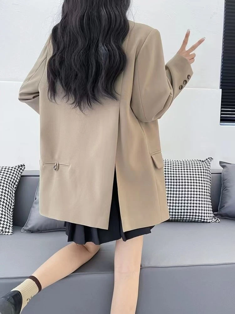 

2025 Spring Autumn New Women's Niche Design Korean Casual Mid Length Blazer Back Slit Loose Solid Color Popular Style