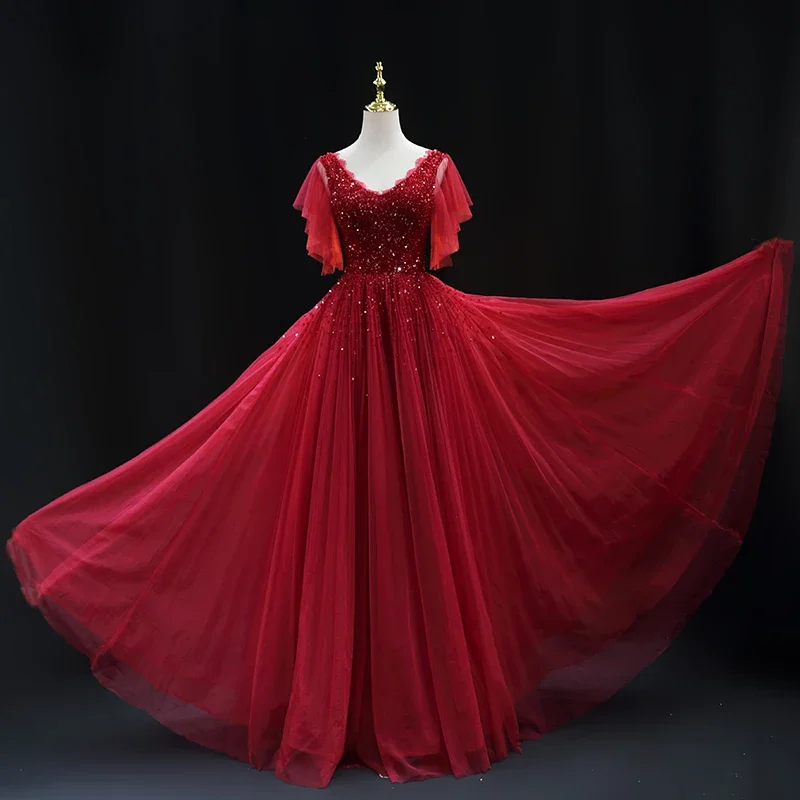 

Customized Evening Dress Burgundy Beads Sequins V-neck Half Sleeve Lace up A-line Floor Length Plus size Women Party Formal Gown