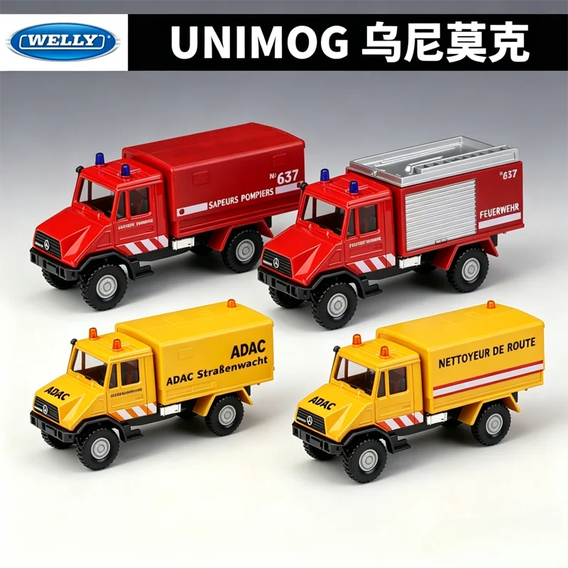 

WELLY Mercedes Benz Unimog Fire Truck Engineering Vehicle Simulation Alloy Car Model Scene Matching Ornament Toys Collectibles