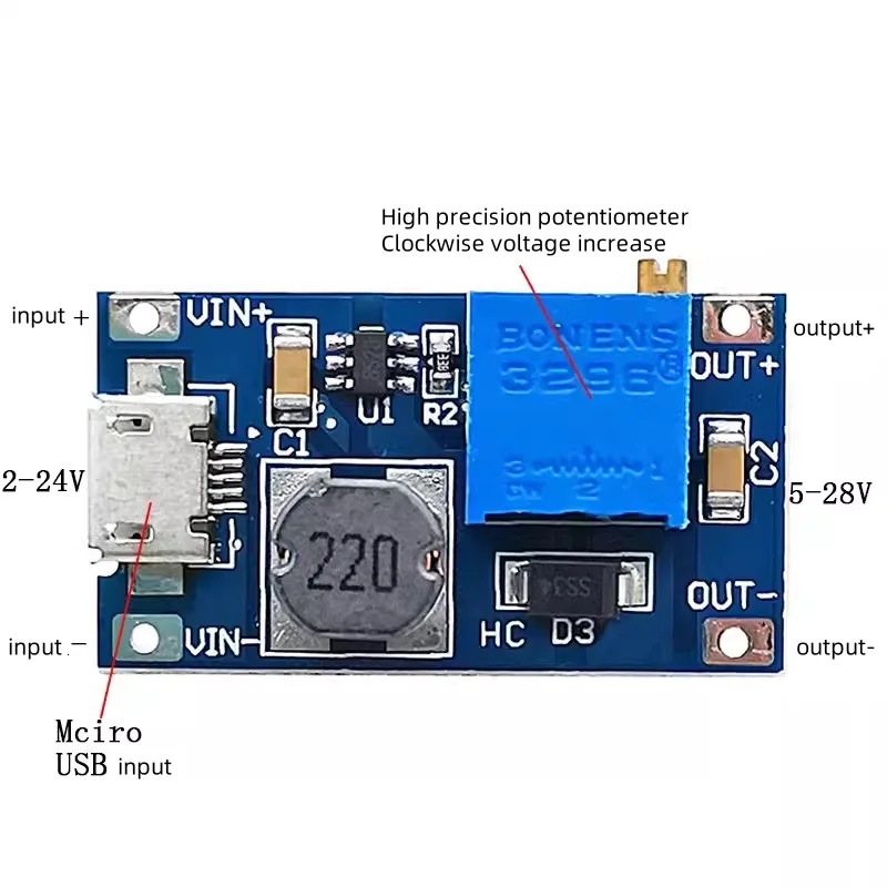 10pcs/lot Mini DC-DC adjustable boost power board MT3608 voltage regulator module 2A supports USB MICRO interface input