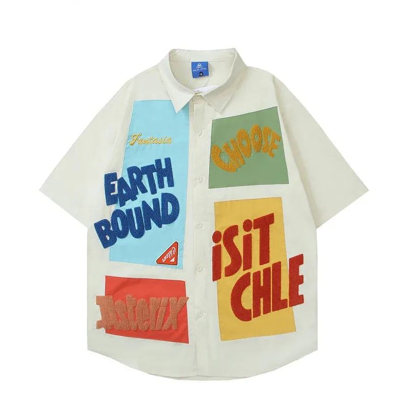 

HELLOMARCEL Luxury EU US Size Retro Patchwork Letter Flocking Embroidery Summer Trendy Loose Top Short Sleeve Shirt Unisex