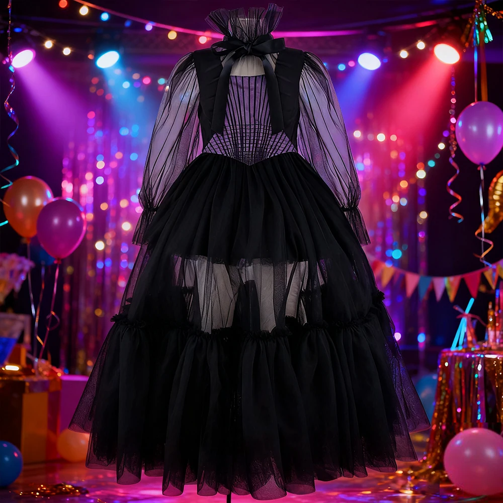 Mesh Mädchen Party Kleider für Weihnachten Halloween Kostüm Mittwoch Cosplay Outfits Schwarzes Abendkleid Kinder Geburtstagskleid