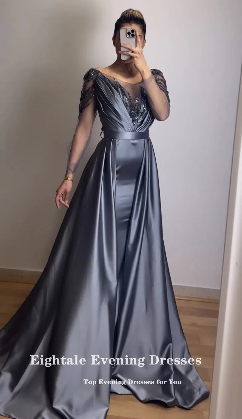 Eightale Gray Prom Dresses for Wedding Satin Beaded Long Sleeves Arabic Evening Gown Dubai Mermaid Party Dress robes de soirée