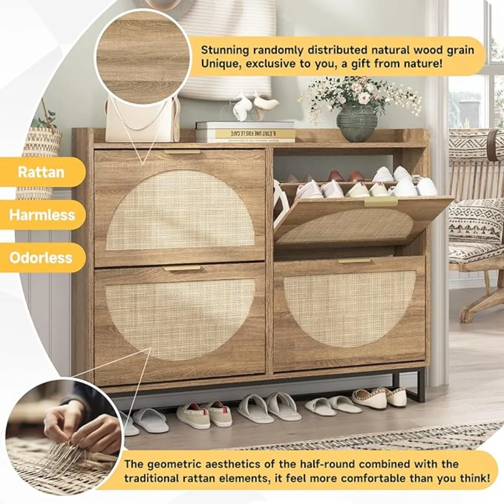 Large Rattan Shoe Storage Cabinet with 4 Flip Drawers, Freestanding Shoe Organizer with Metal Legs, Narrow Shoe Rack Cabinet