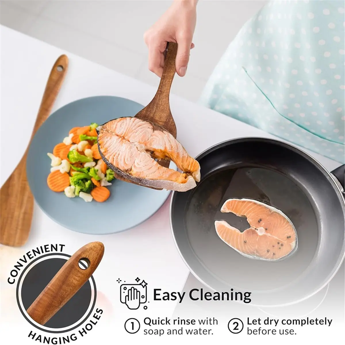 Light Weight Wooden Spoon Kitchen 5-Piece Set: Comfortable Non-Stick Spatula, Spatula Separator, Fork, Serving Spoon