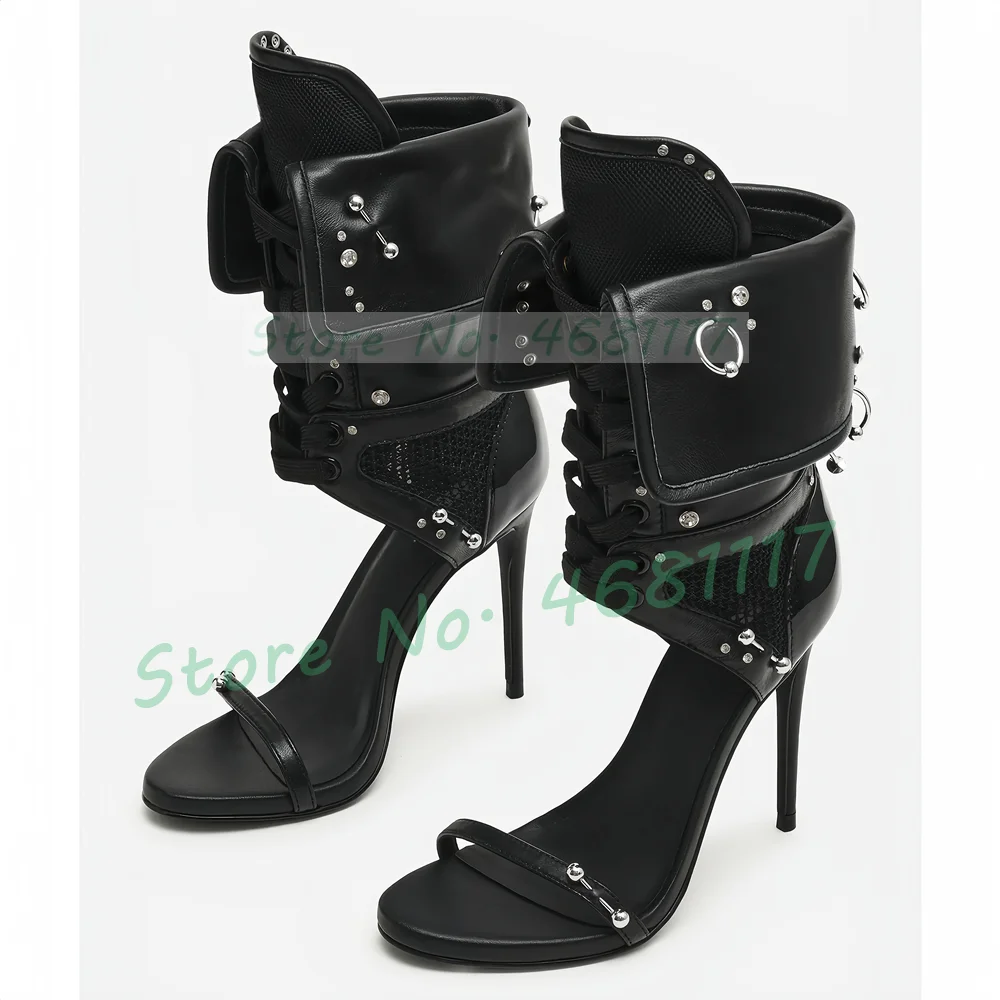 Fold Over Stiletto Sport Sandals Women Punk Lace Up Stud Piercing Decor Mesh High Heels Ladies Party Cut Out Ankle Strap Sandals