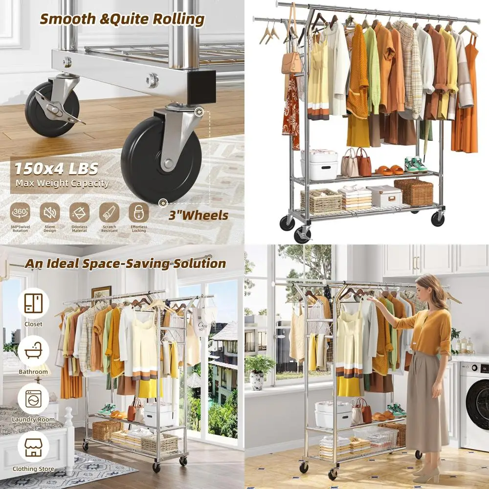 

Прочная стойка для одежды с двойным стержнем на колесиках, хром, вмещает до 620 фунтов.