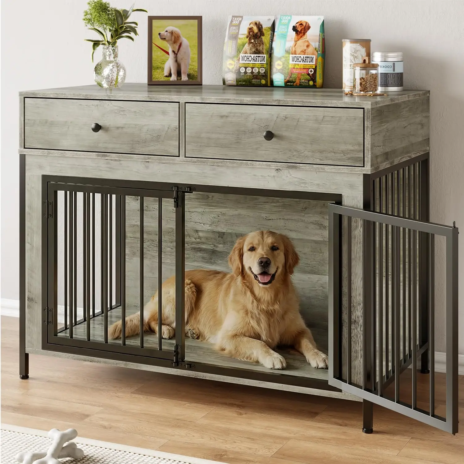 

44inch Large Dog Crate Furniture with Drawers, Wooden Dog Kennel Furniture for Indoor use, Grey End